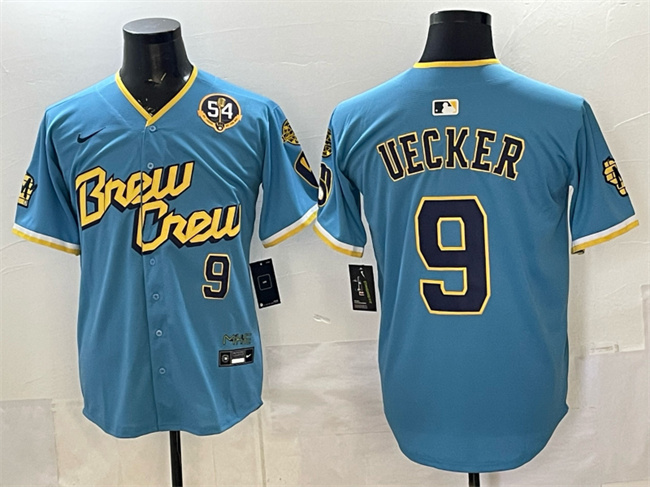 Men's Milwaukee Brewers #9 Bob Uecker Powder Blue City Connect With Home & Bob Uecker Patch Limited Stitched Baseball Jersey Men's Milwaukee Brewers #9 Bob Uecker Powder Blue City Connect With Home & Bob Uecker Patch Limited Stitched Baseball Jersey
